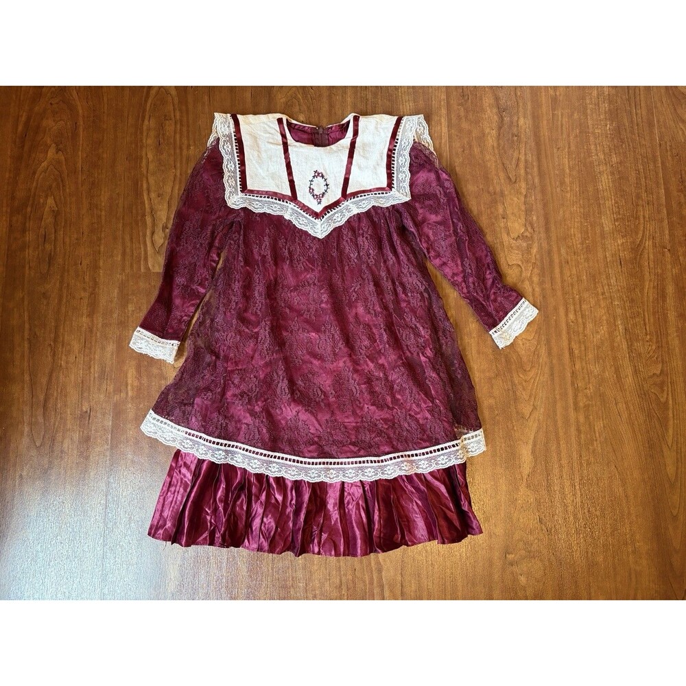 Vintage 80s Gunne Sax Jessica McClintock Lace Prairie Dress Girls 6X Red